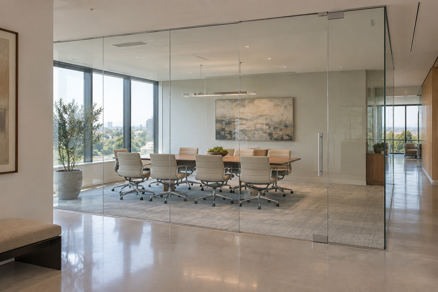 AI concept of a clear frameless glass conference room partition