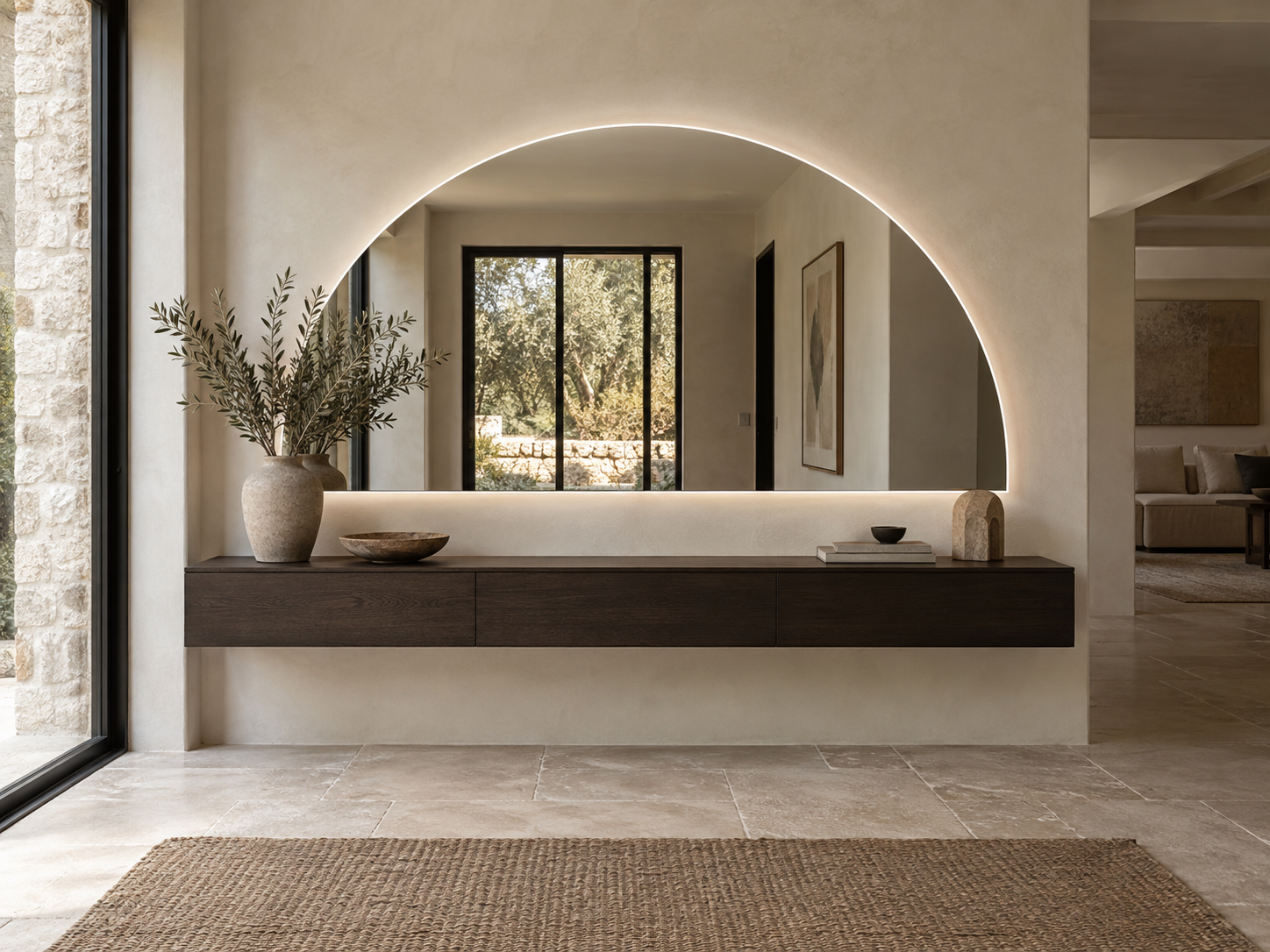 AI concept of a wide frameless half-moon mirror above an entryway console